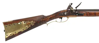 Virginia Longrifle,
.50 caliber, 38" Rice swamped barrel, 
Chambers flintlock, curly maple, engraved brass,
signed by J. Bohan